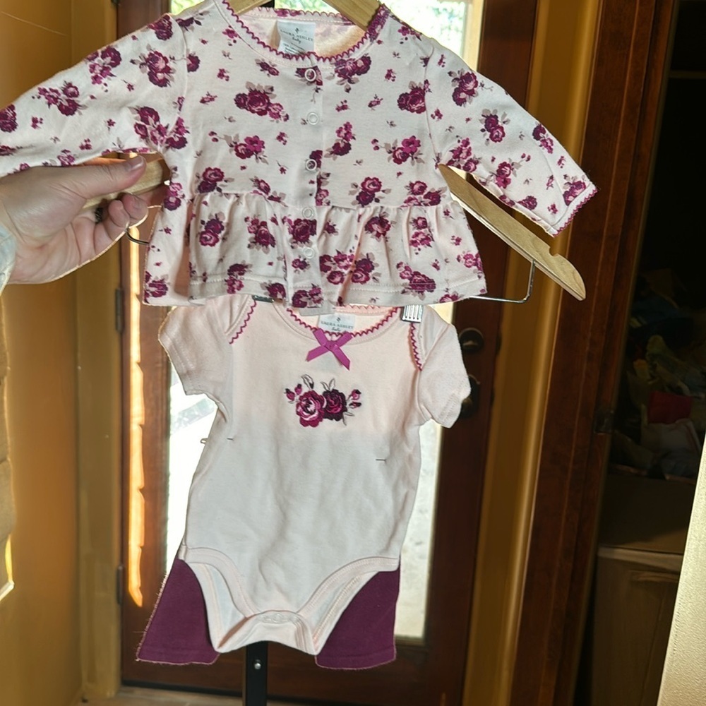 Laura Ashley Baby 3 Pc Floral Embroidered Outfit LS, Onesie, Pant Size 0-3 Mths